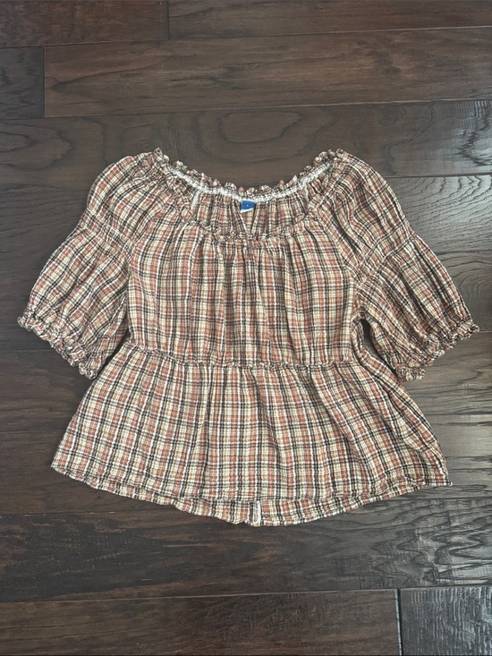 Old Navy Tops - Old Navy Top Women's Large Rust, Cream and Brown Plaid Peasant Style